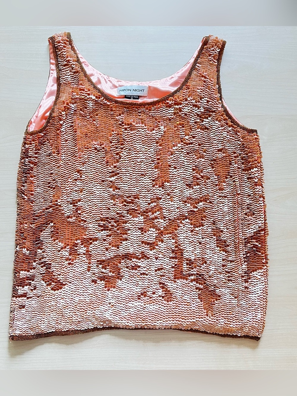 Vintage silk, glass bead, peach tone iridescent flip sequins tank Top